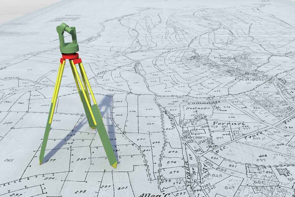 Treppiede da rilievo topografico appoggiato su una vecchia mappa catastale