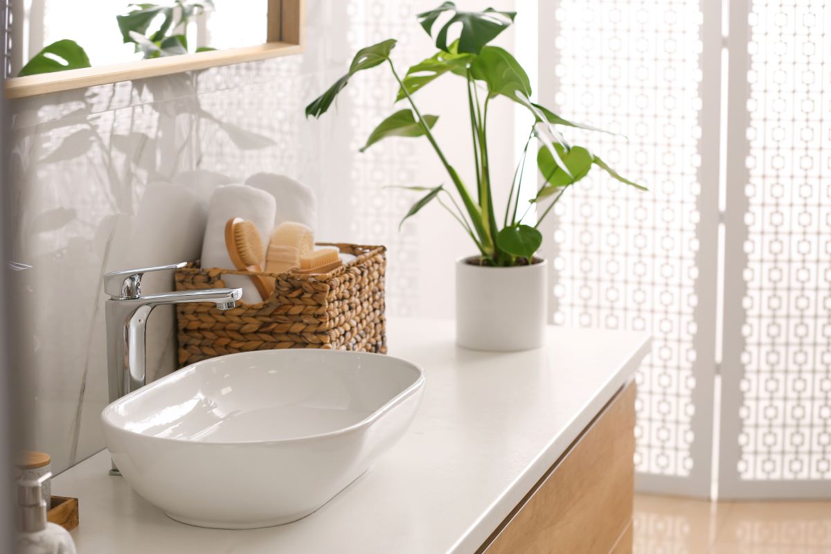 Bagno moderno con lavabo da appoggio e pianta