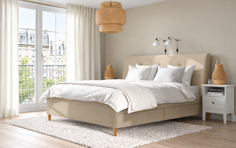 Letto matrimoniale imbottito IDANÄS in beige con cassetti, biancheria bianca e testiera coordinata in una camera luminosa dai toni neutri.