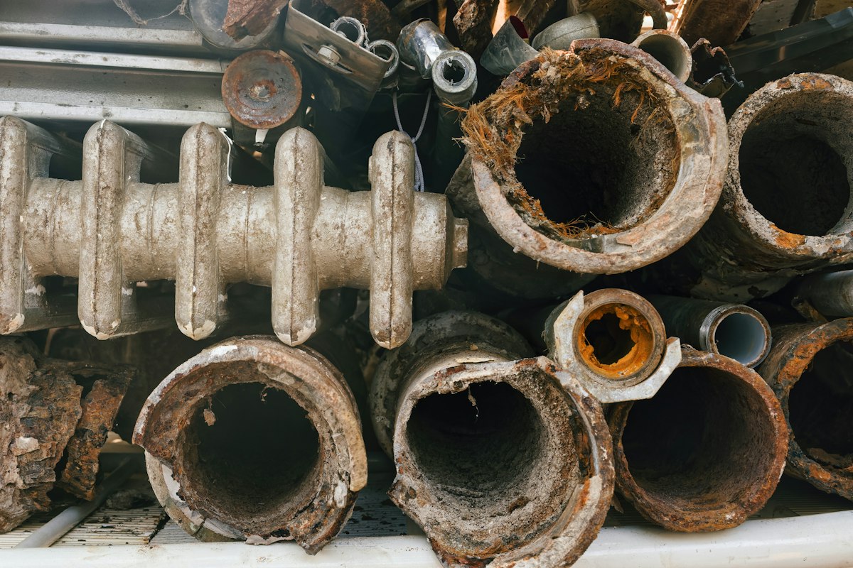 Tubi metallici corrosi e sezioni di vecchi radiatori con incrostazioni interne